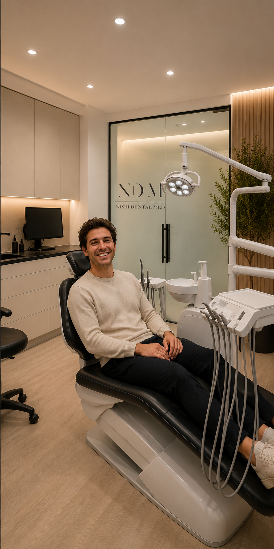 Paziente seduto nella poltrona dello studio NISII Dental Med, con il logo NDM visibile sul vetro in background