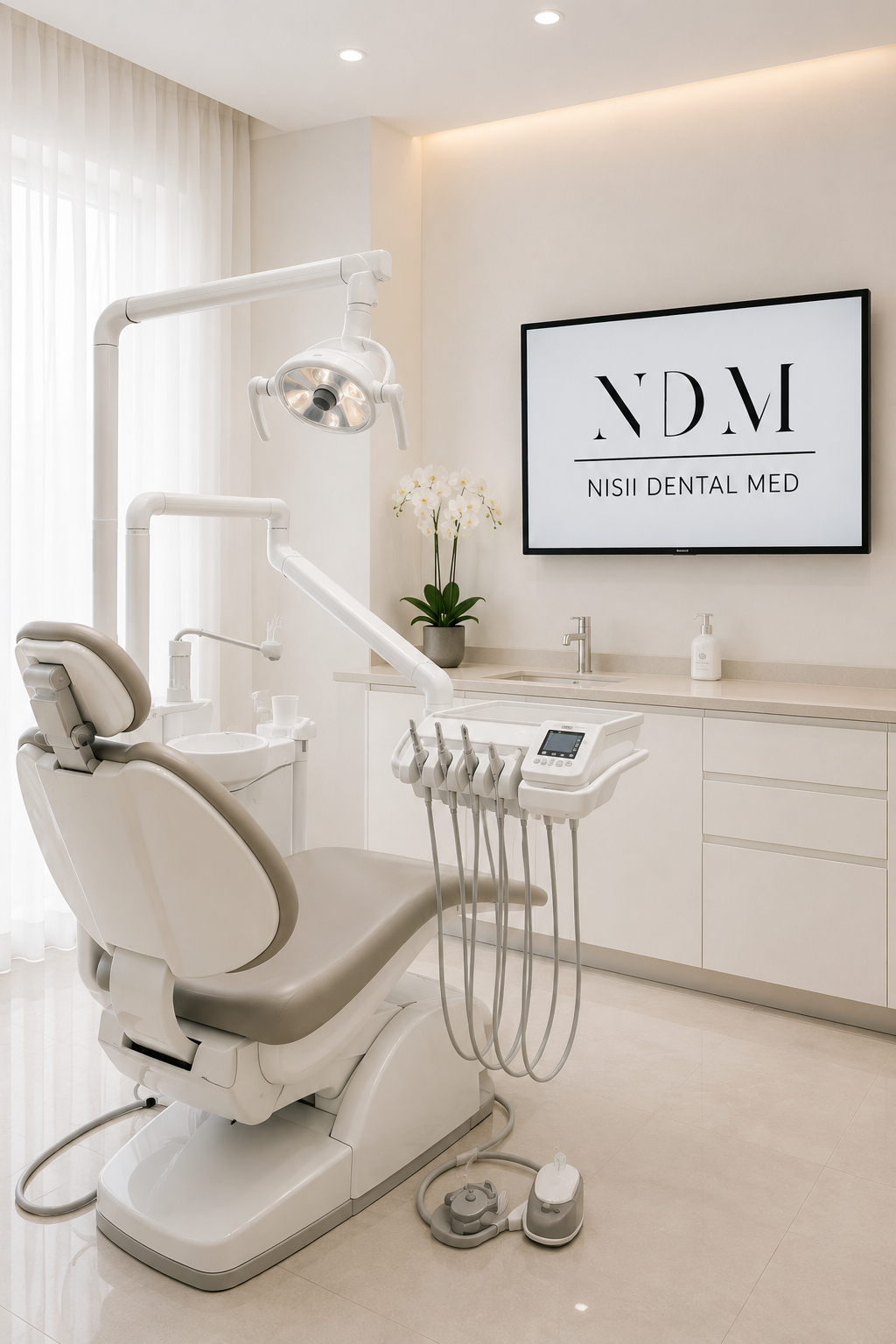 Interno dello studio NISII Dental Med: poltrona, attrezzatura e monitor con il logo NDM